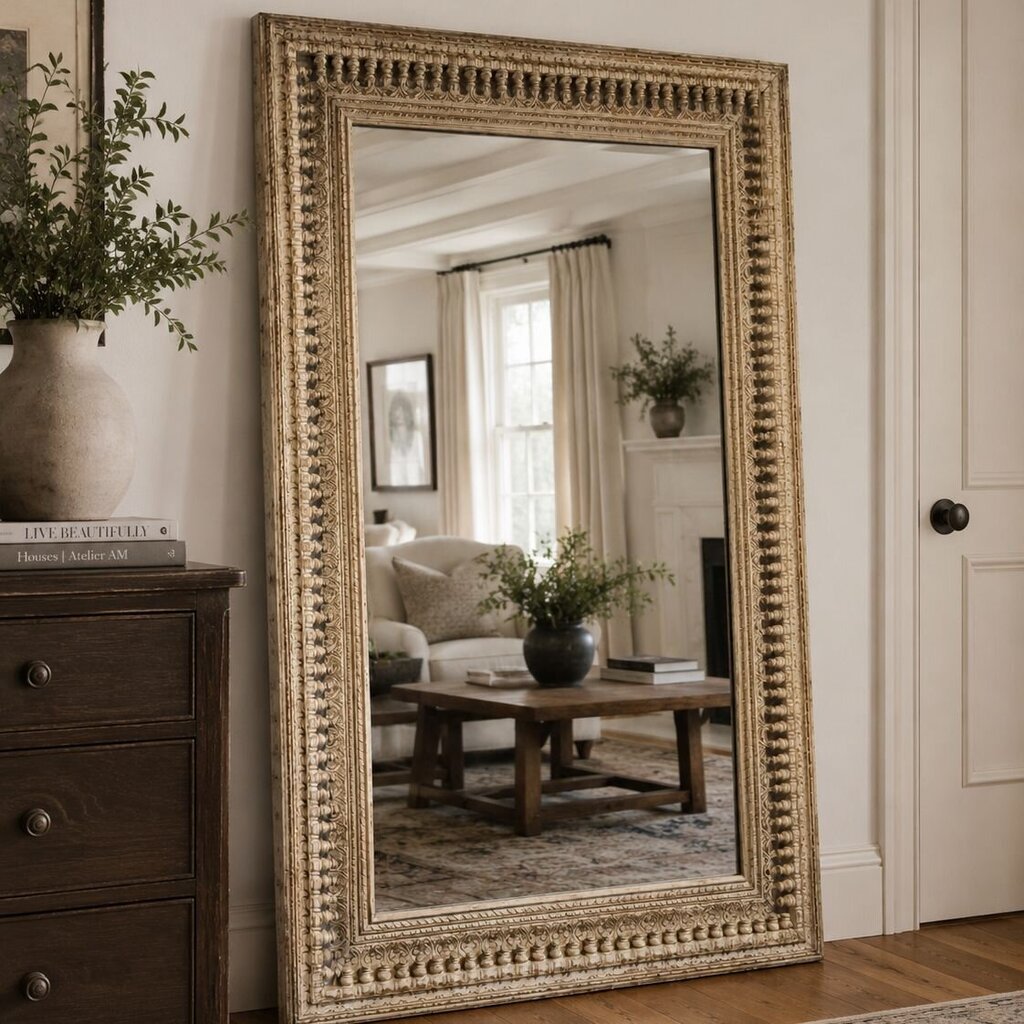 White Carved Wooden Mirror