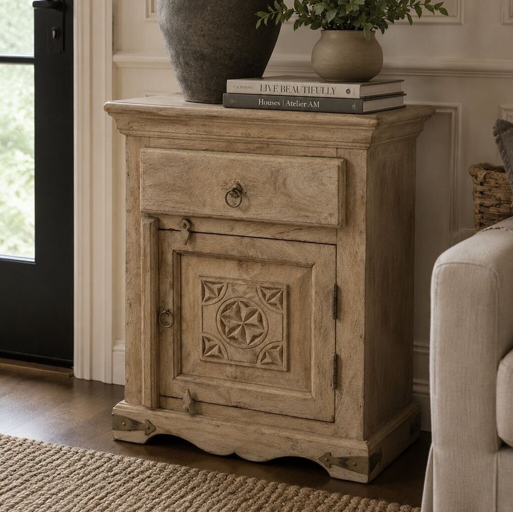 Wood Carved Single Drawer Bedside Table