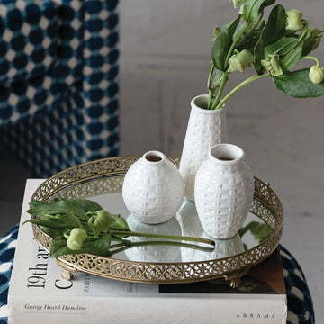 Oval Metal Filigree Footed Tray with Mirror