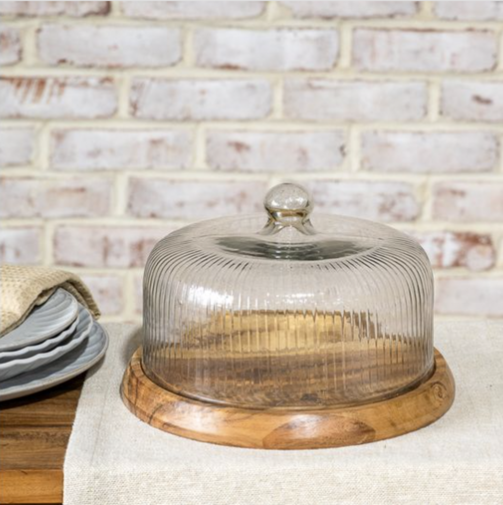 Round Wood Base + Striped Glass Dome