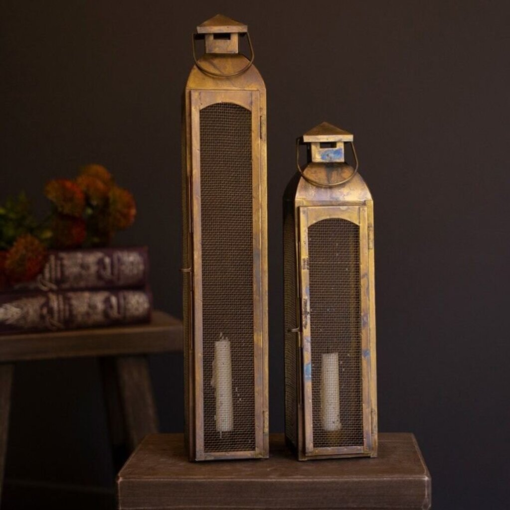 Antique Brass Taper Candle Lantern + Wire Screen