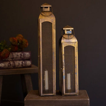 Antique Brass Taper Candle Lantern + Wire Screen