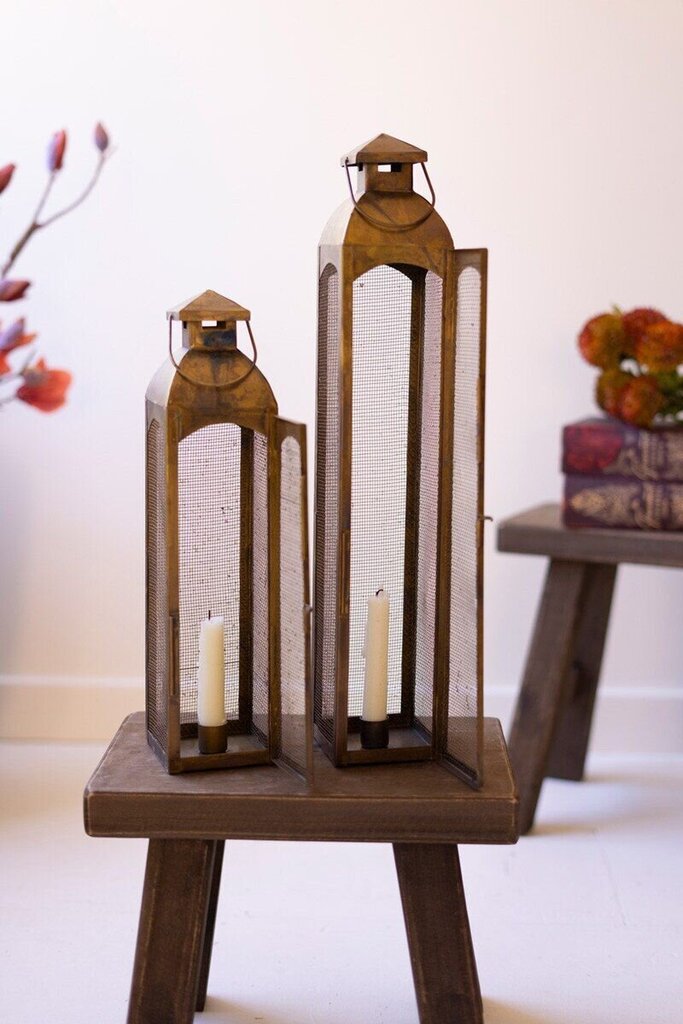 Antique Brass Taper Candle Lantern + Wire Screen