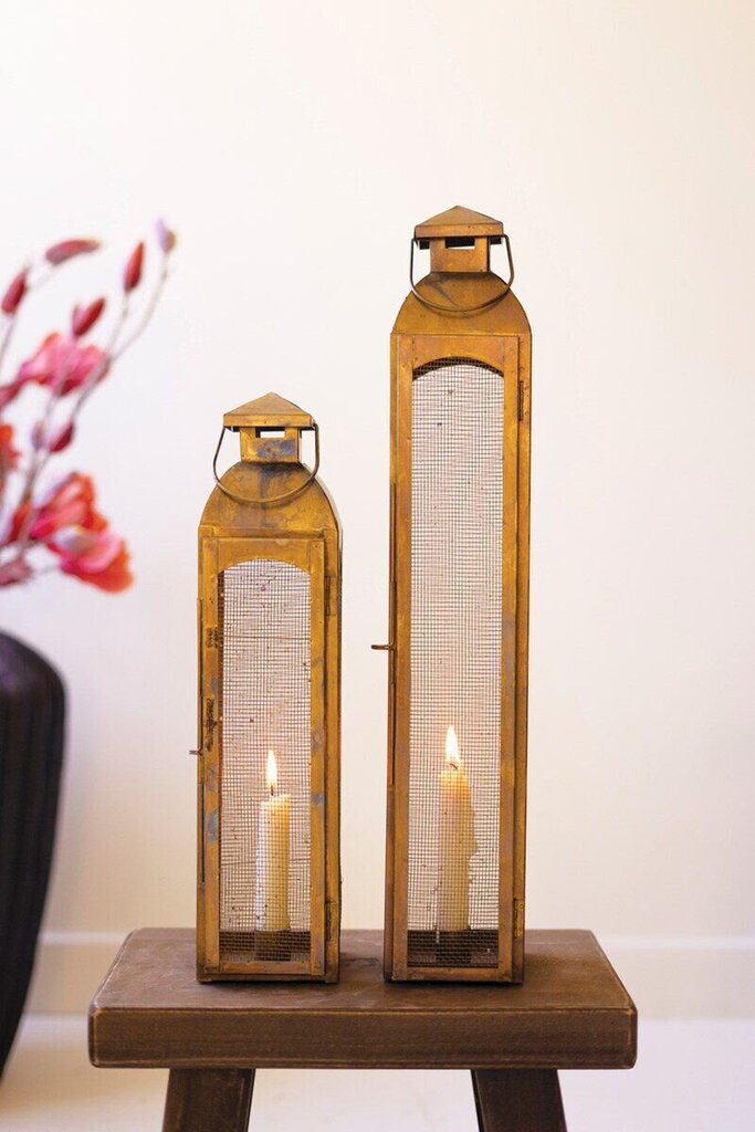 Antique Brass Taper Candle Lantern + Wire Screen