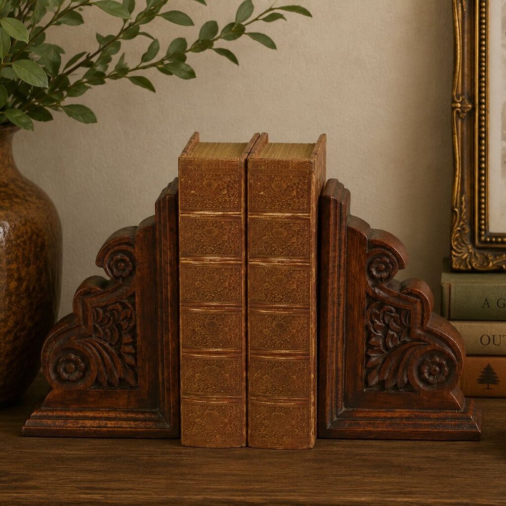 Sculpted Dark Wood Bookends- Set