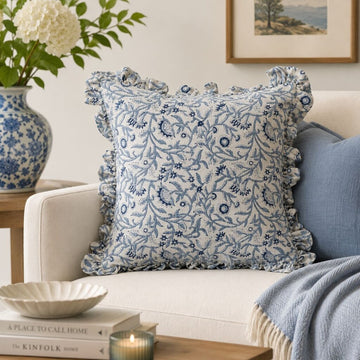 Blue Floral Cotton Blend Pillow