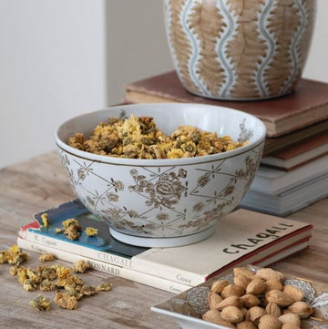 Hand-Painted Stoneware Bowl w/ Floral Pattern