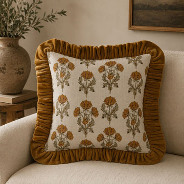 Square Mustard Cotton Flower Printed Pillow