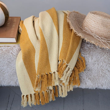 Recycled Yellow Striped Throw + Fringe
