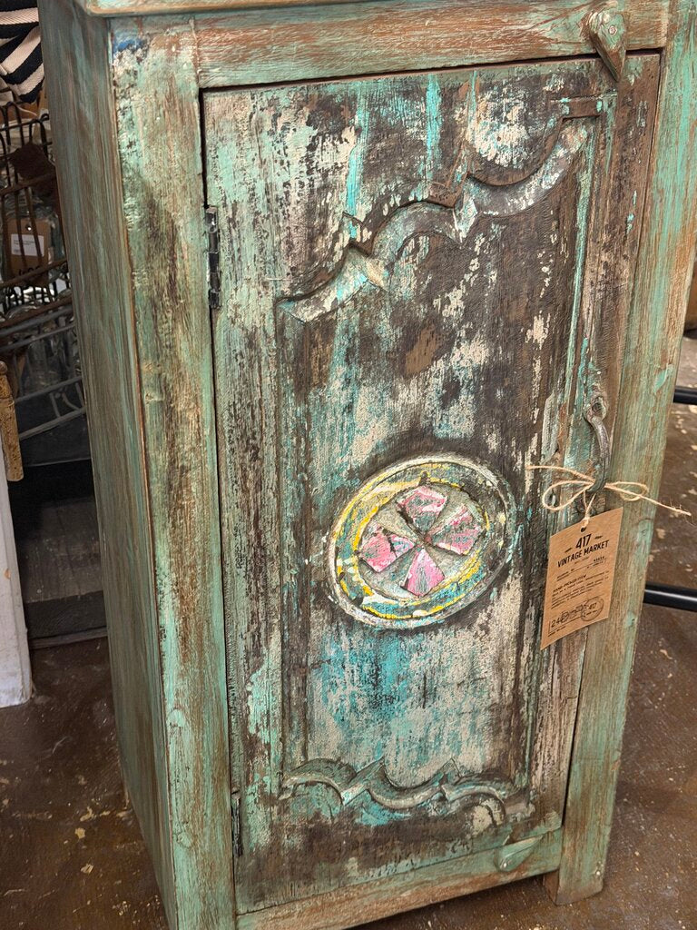 Green Carved Single Door Bedside Cabinet