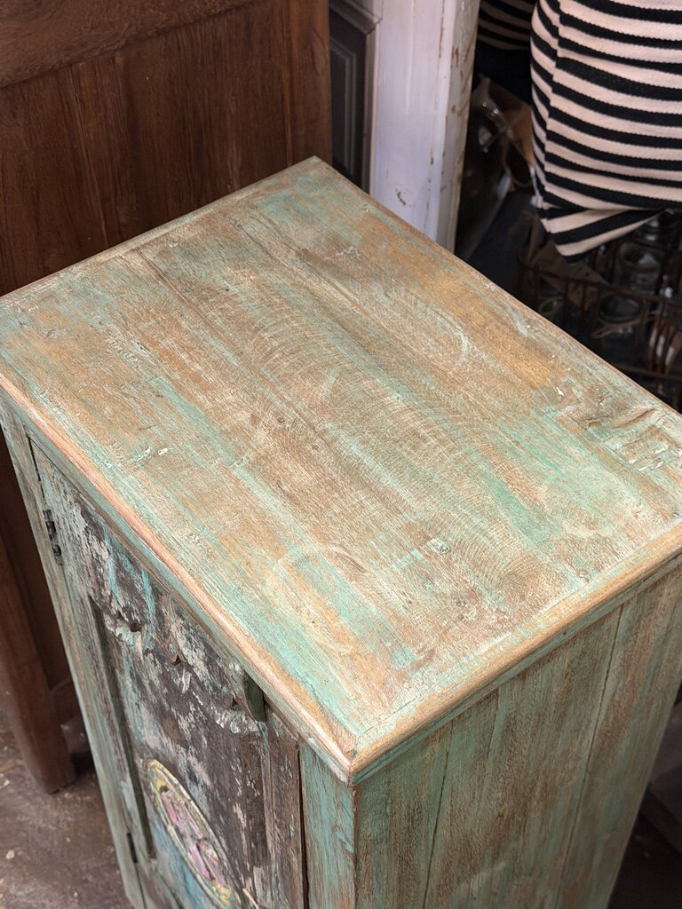 Green Carved Single Door Bedside Cabinet