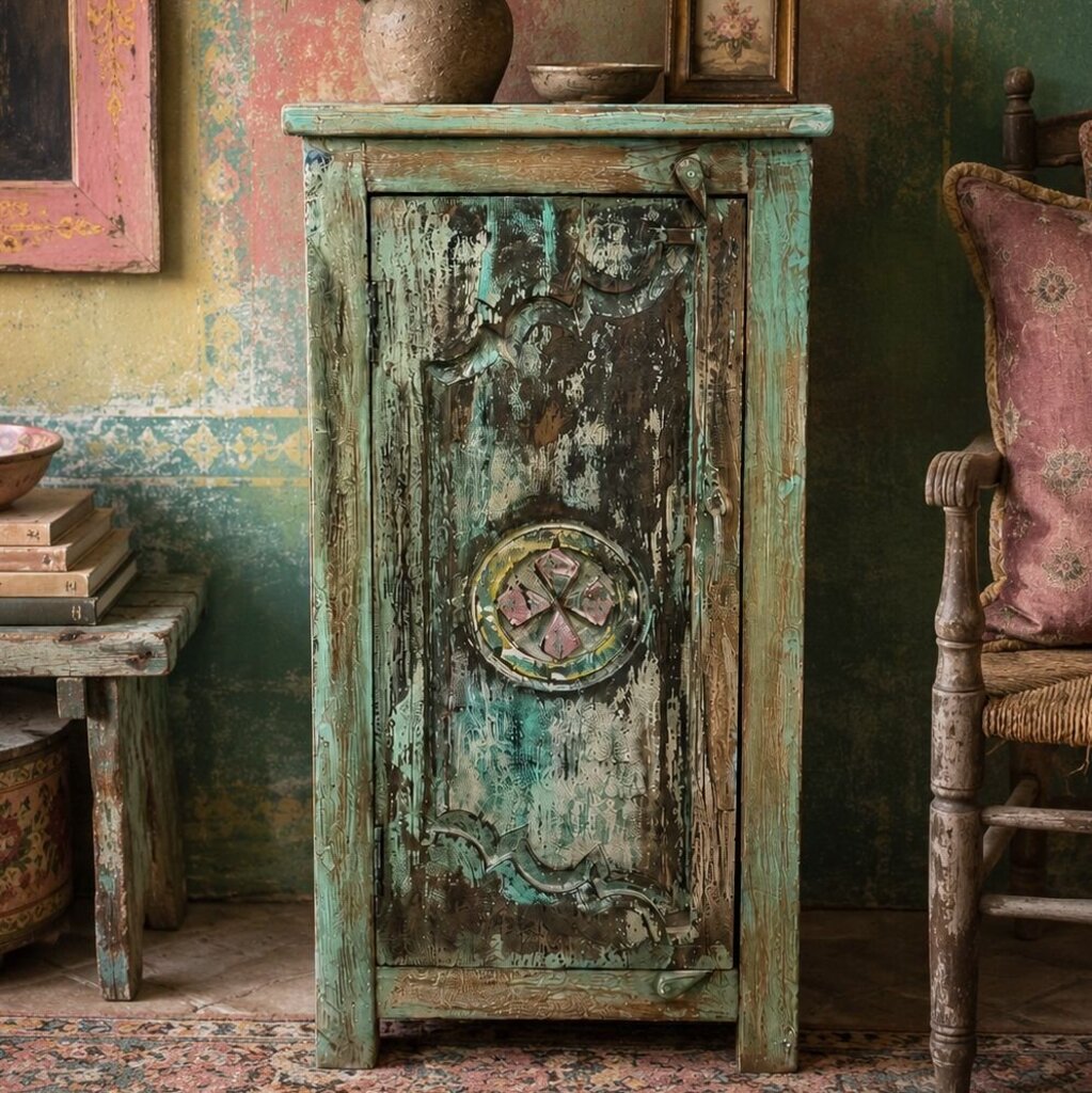 Green Carved Single Door Bedside Cabinet