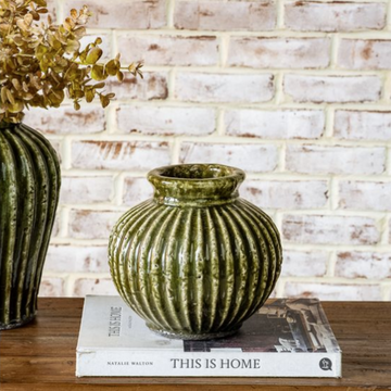 Green Rounded Terracotta Vase - 7"