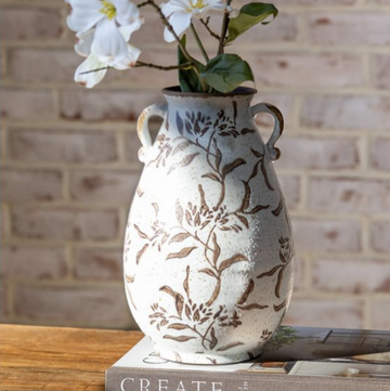 Brown & White Leaf Pattern Vase - 10"