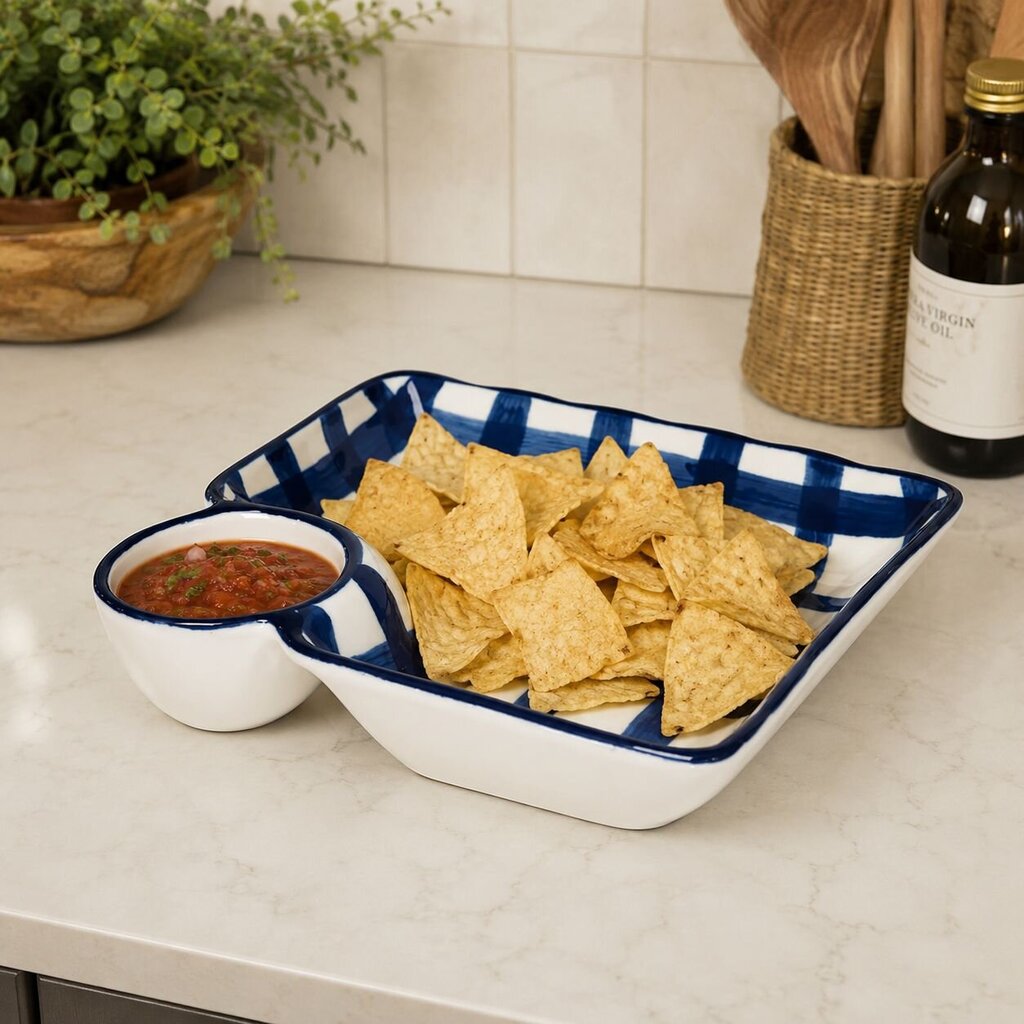 Blue Grid Dip N' Dish Plate