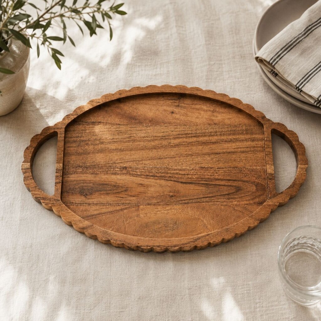 Scalloped Acacia Oval Wood Tray + Wood Handles