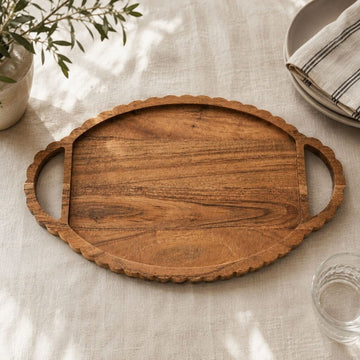 Scalloped Acacia Oval Wood Tray + Wood Handles