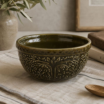 Olive Green Leaf Ceramic Bowl