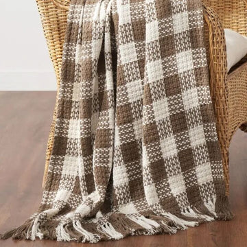 Cocoa Brown Check Throw Blanket w/ Fringe