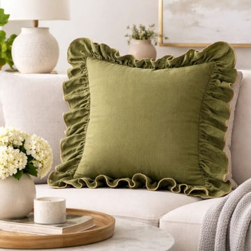 Ruffled Green Cotton Throw Pillow