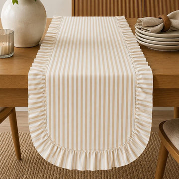 Natural Striped Ruffle Table Runner