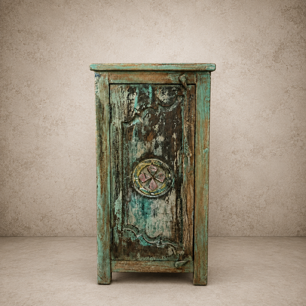 Green Carved Single Door Bedside Cabinet
