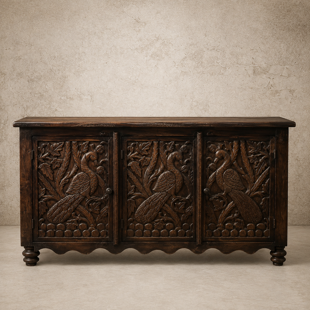 Carved Wood Birds 3 Door Sideboard