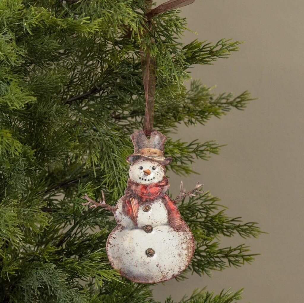 Happy Red Scarf Snowman Metal Ornament