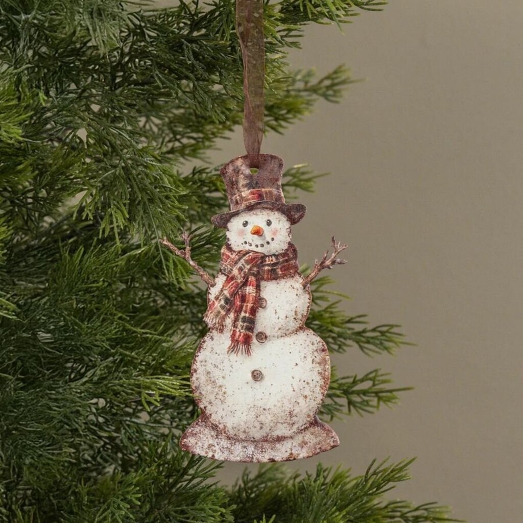 Plaid Scarf Snowman Metal Ornament