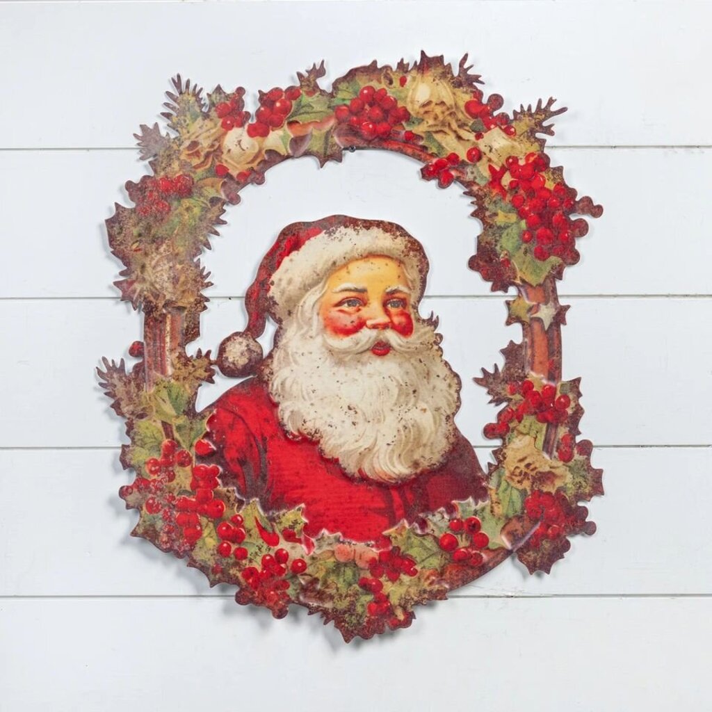 Santa In Wreath Metal Wall Plaque