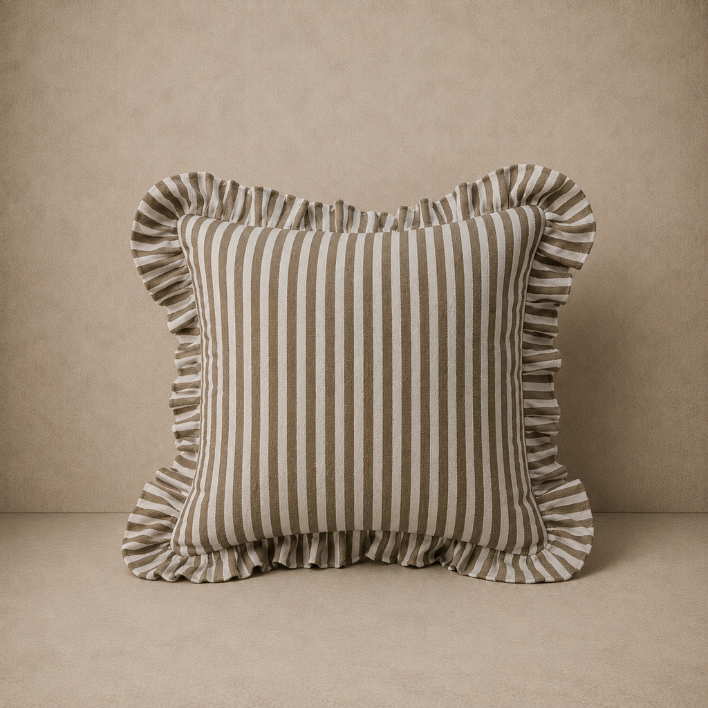 Woven Fabric Indoor/Outdoor Pillow w/ Stripes & Ruffle