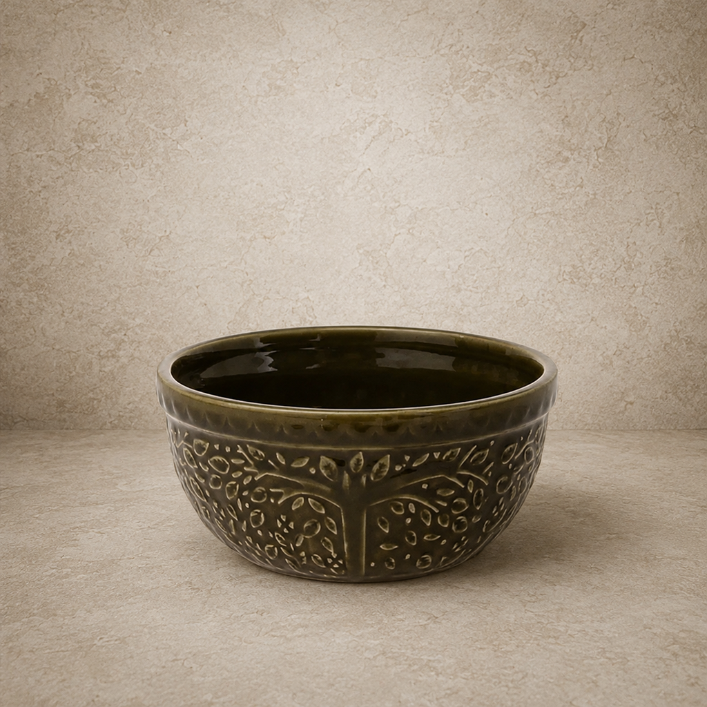 Olive Green Leaf Ceramic Bowl