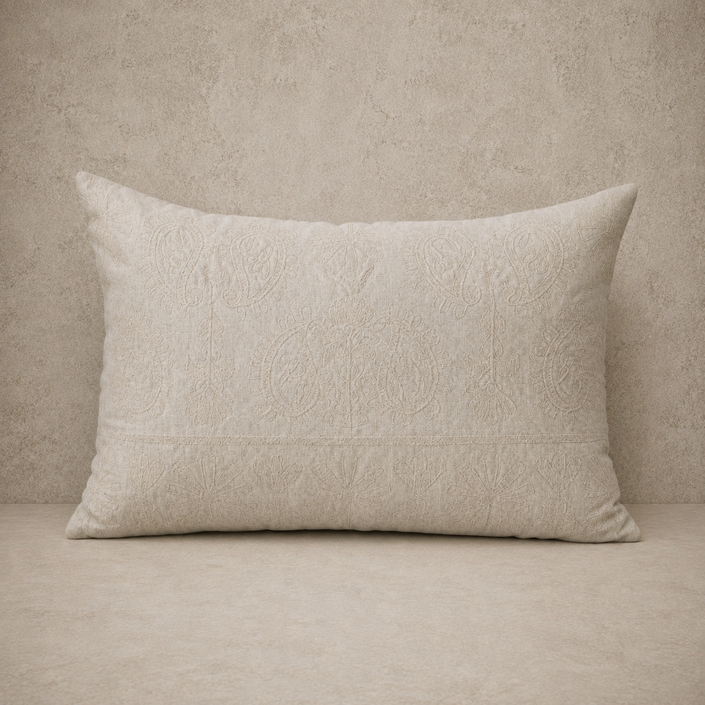 Cotton Lumbar Pillow + Embroidered Paisley Pattern