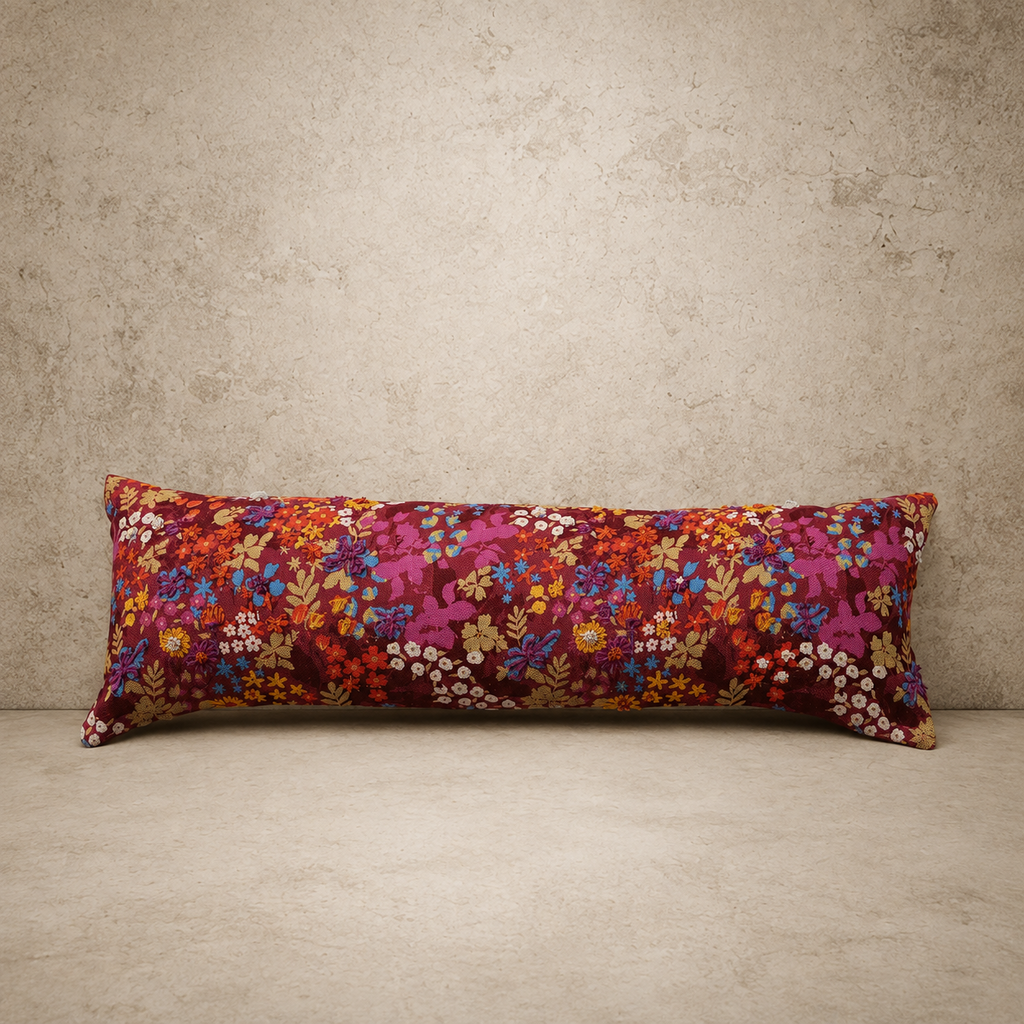 Bright Floral Embroidered Lumbar Pillow