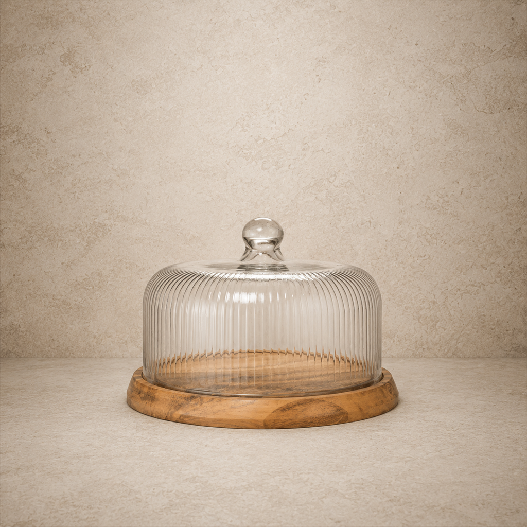 Round Wood Base + Striped Glass Dome
