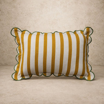 Mustard Stripe Lumbar Pillow + Scalloped Edge & Green Stitch Edge