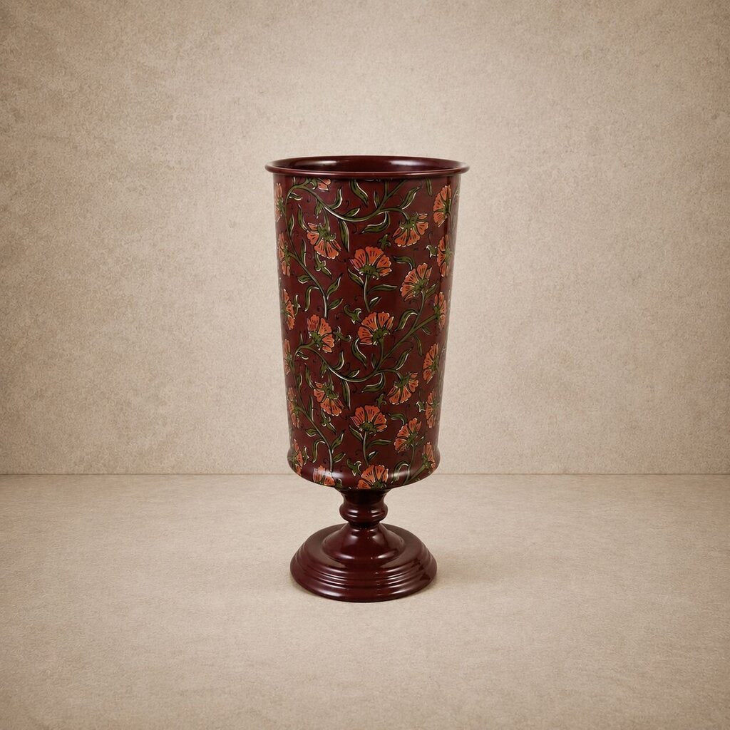 Burgundy Metal Footed Vase w/ Floral Pattern