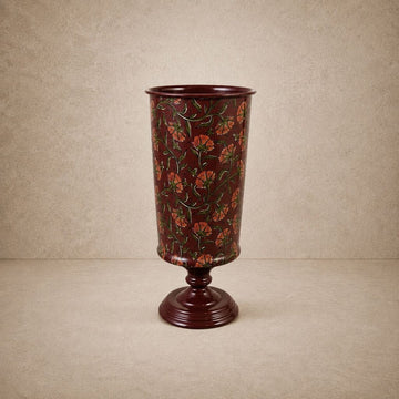 Burgundy Metal Footed Vase w/ Floral Pattern