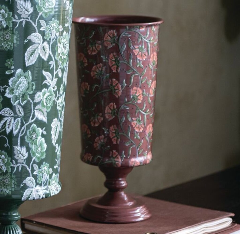 Burgundy Metal Footed Vase w/ Floral Pattern