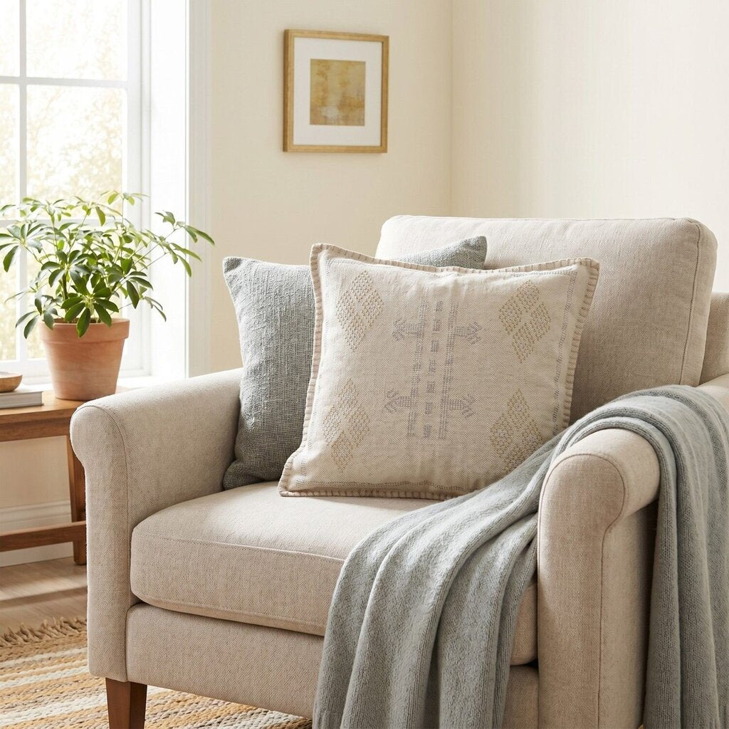 Elegant Metallic Thread Embroidered Natural Pillow
