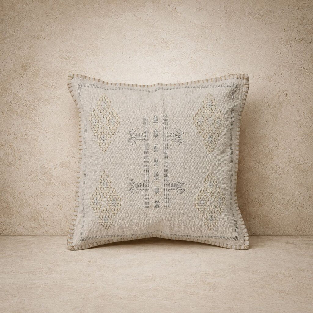 Elegant Metallic Thread Embroidered Natural Pillow