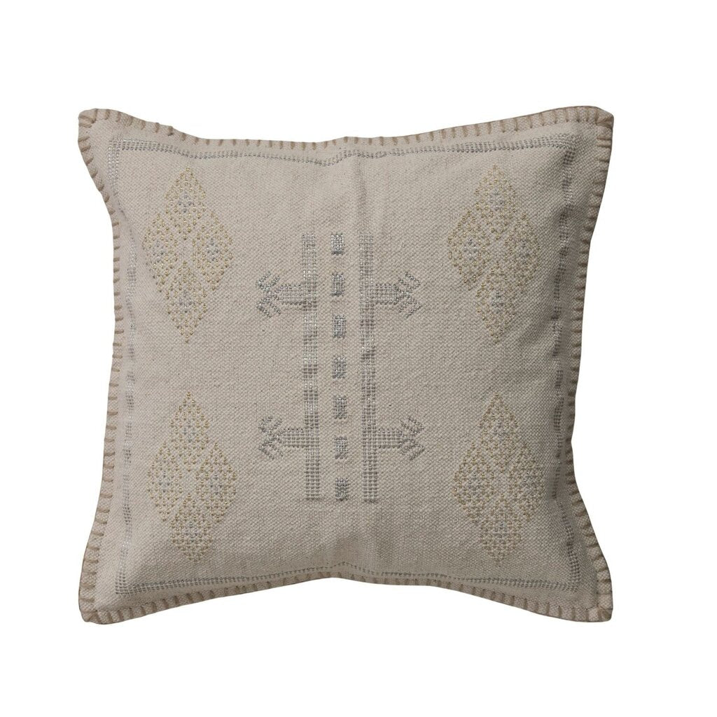 Elegant Metallic Thread Embroidered Natural Pillow