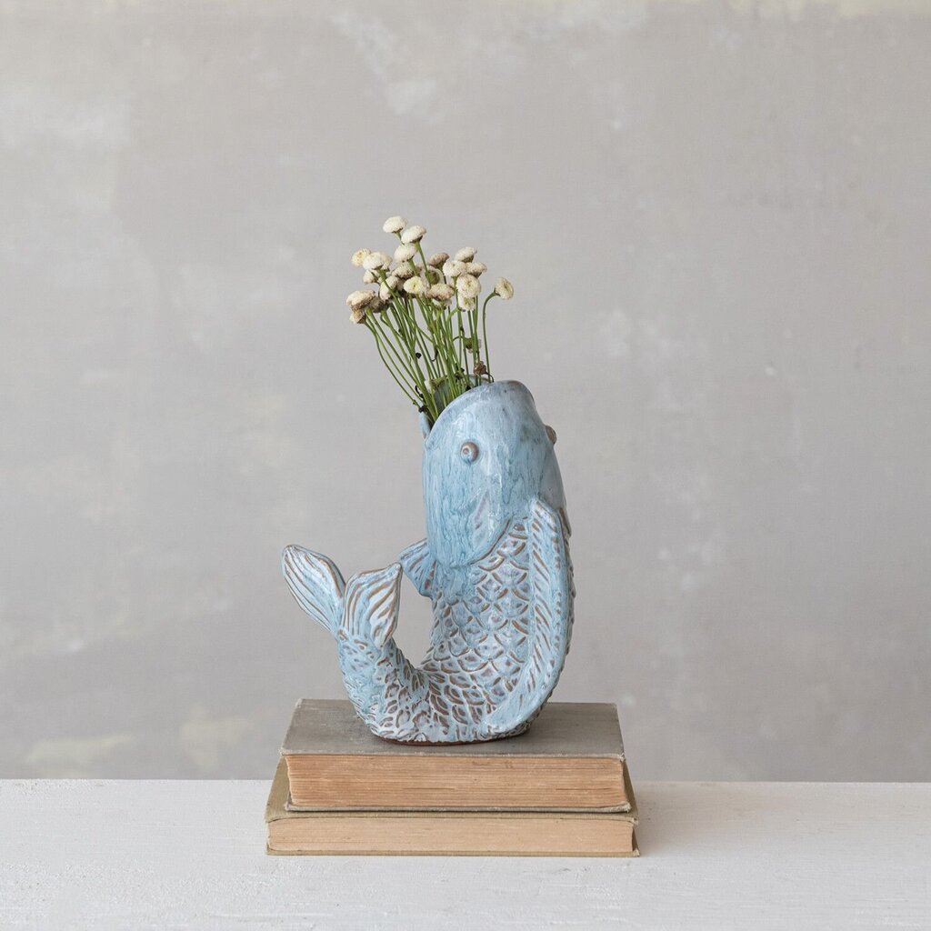 Blue Stoneware Fish Vase