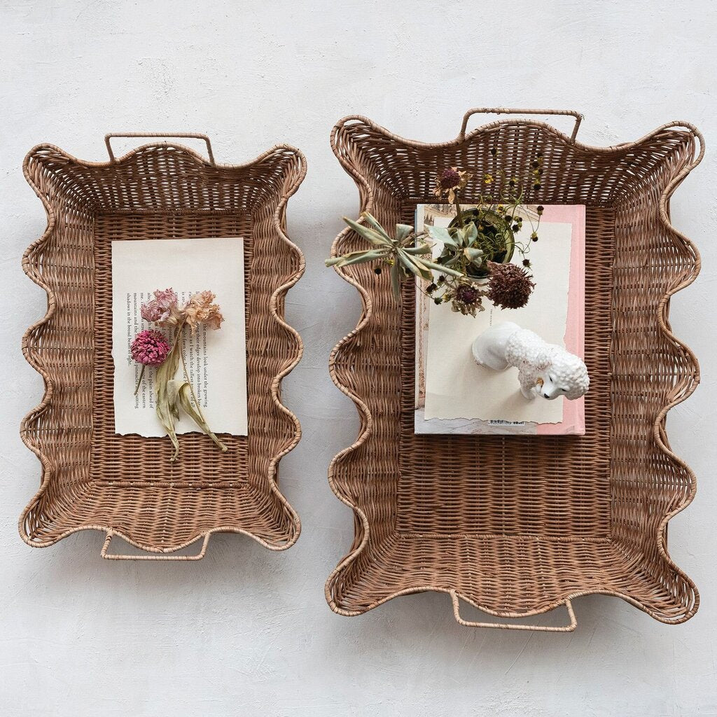 Decorative Hand Woven Rattan Scalloped Tray w/ Handle