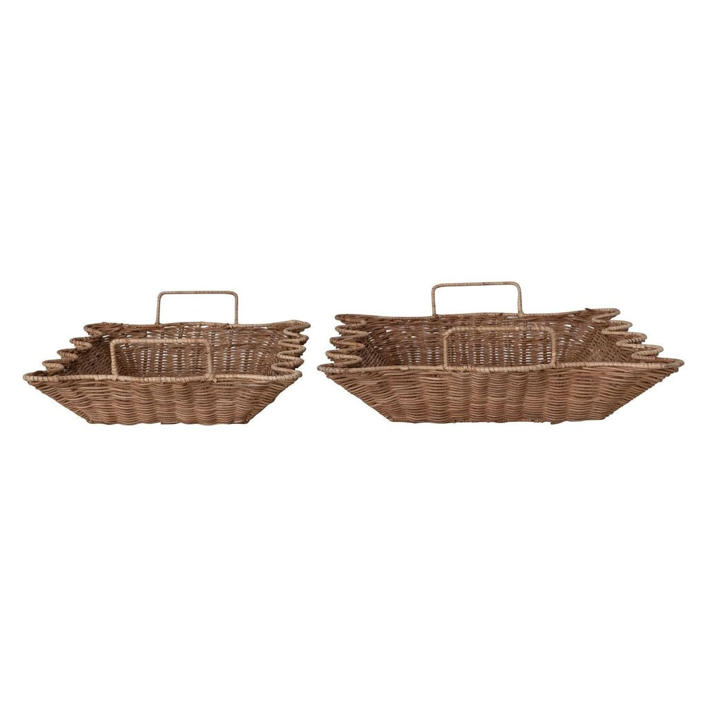 Decorative Hand Woven Rattan Scalloped Tray w/ Handle