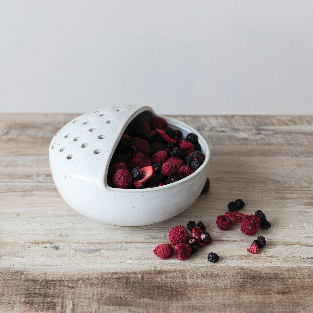 White Stoneware Strainer Bowl