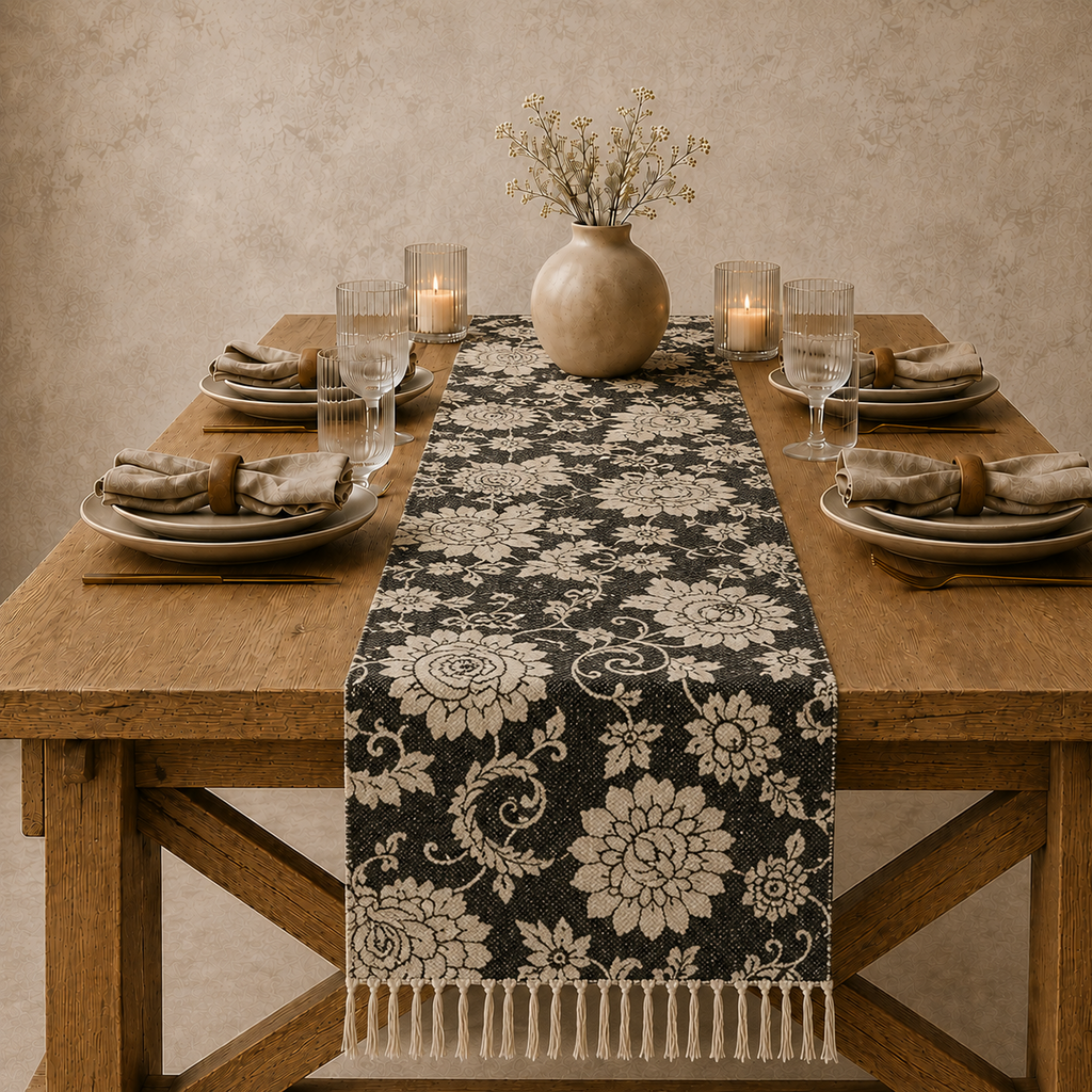 Moody Botanical Black Floral Table Runner
