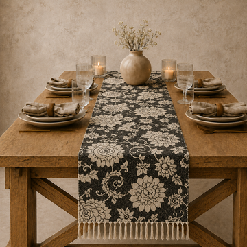 Moody Botanical Black Floral Table Runner