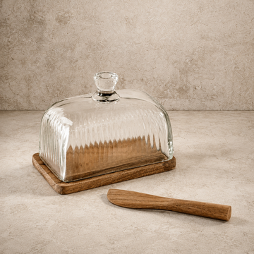 Glass & Wood Butter Dish + Wood Knife