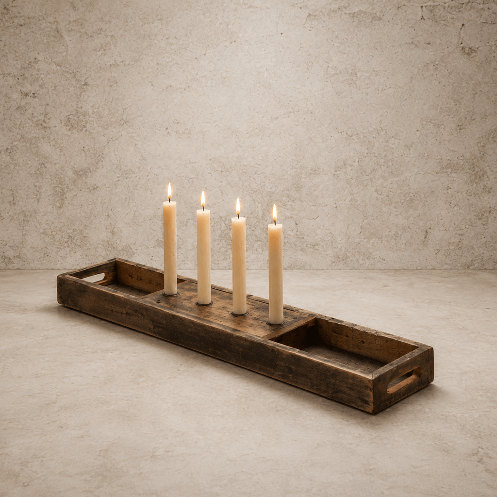 Recycled Wooden Tray + Four Taper Candle Holders